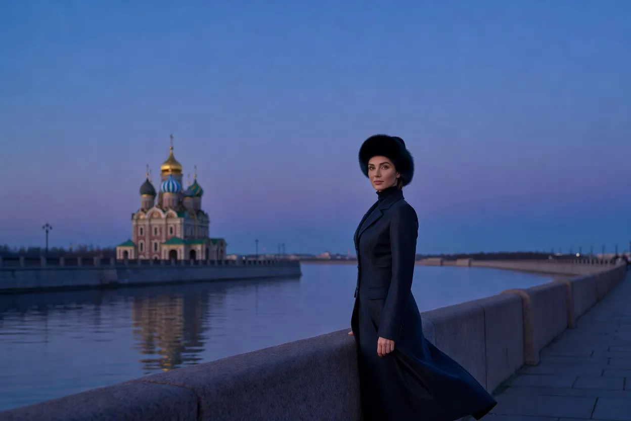 Femme en manteau sombre et chapka sur le quai d'un canal de Saint-Pétersbourg au crépuscule, devant une église aux bulbes colorés