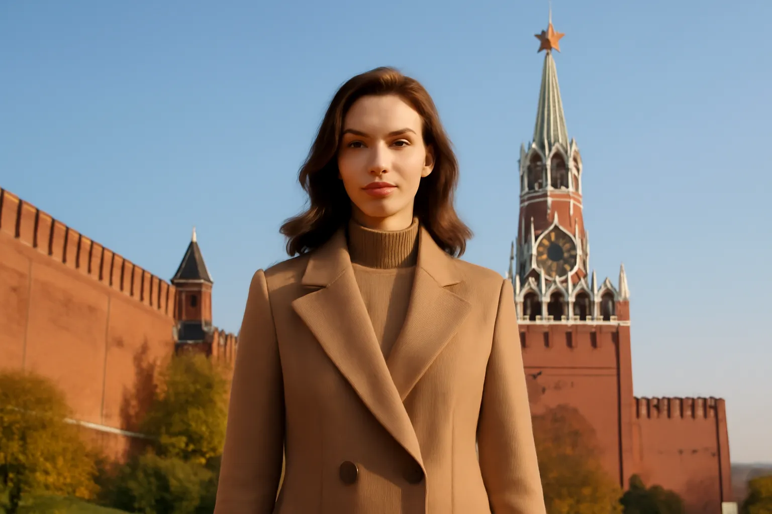 Femme en manteau camel devant la muraille de brique rouge et une tour à étoile du Kremlin de Moscou par une matinée d'automne